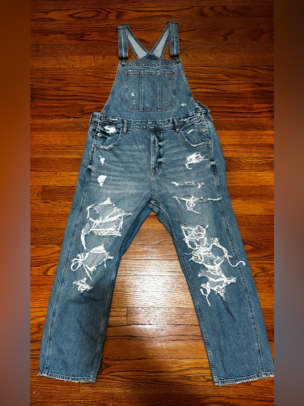American Eagle Outfitters Blue Distressed Denim Women's Overalls
